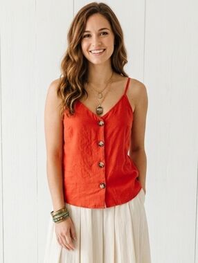 Bebe Red orange Button Front Camisole Tank Top V-Neck Boho medium
